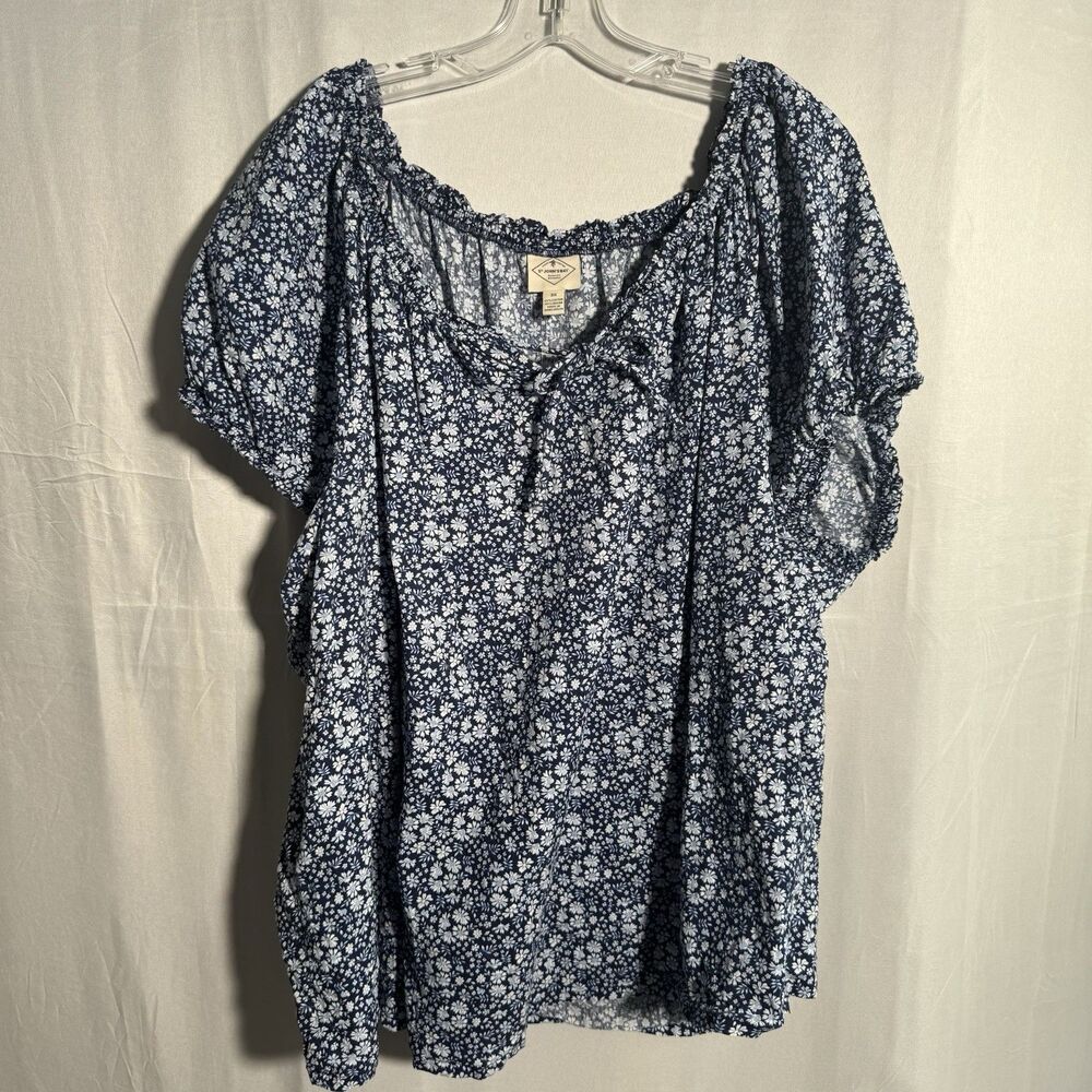 St Johns Bay 3X Floral Top Blue White Peasant Boho Short Sleeve Plus Size Casual